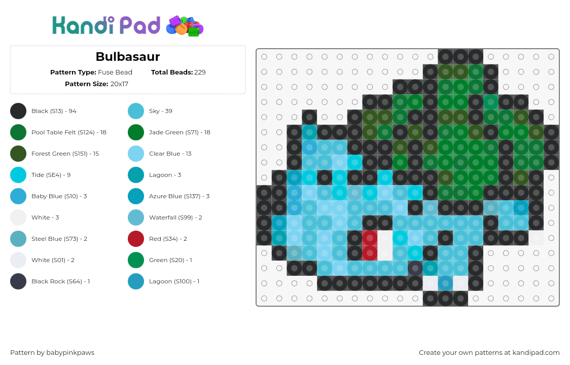 Bulbasaur - Fuse Bead Pattern by babypinkpaws on Kandi Pad - 