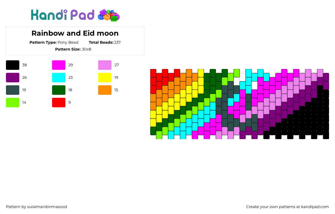 Rainbow and Eid moon - Pony Bead Pattern by sulaimanibnmasood on Kandi Pad - moon,colorful,diagonal,stripes,cuff,pink