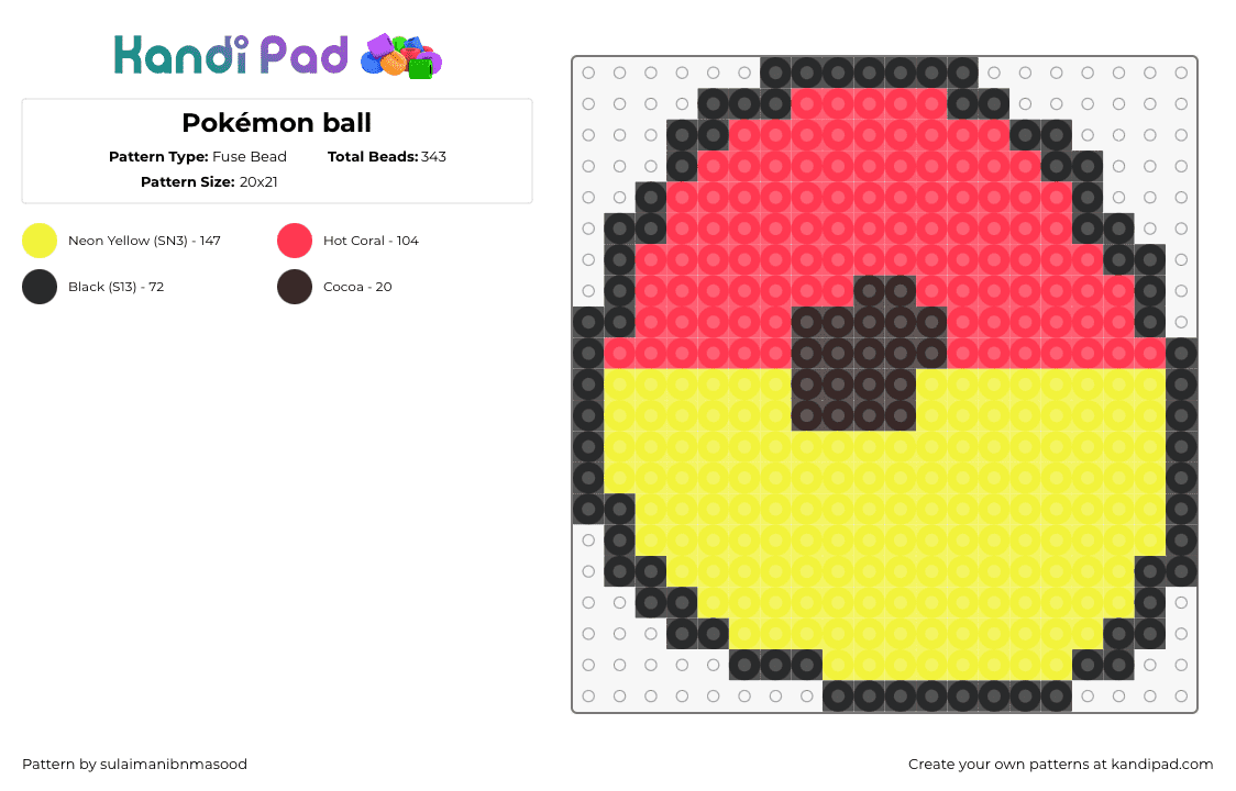 Pokémon ball - Fuse Bead Pattern by sulaimanibnmasood on Kandi Pad - pokeball,pokemon,gaming,simple,red,yellow