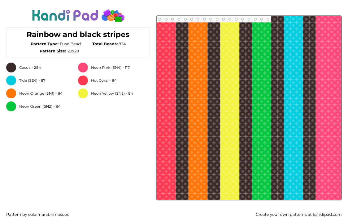 Rainbow and black stripes - Fuse Bead Pattern by sulaimanibnmasood on Kandi Pad - vertical,stripes,colorful,panel,pink