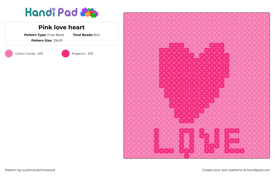 Pink love heart - Fuse Bead Pattern by sulaimanibnmasood on Kandi Pad - love,heart,text,sign,valentine,panel,pink