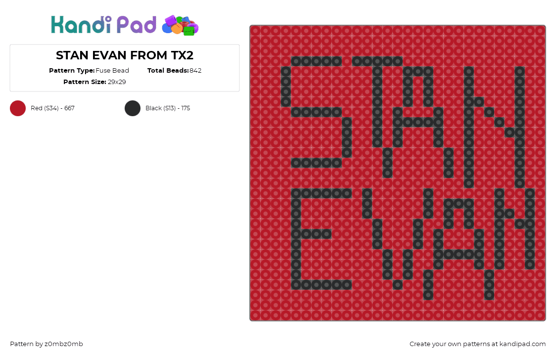 STAN EVAN FROM TX2 - Fuse Bead Pattern by z0mbz0mb on Kandi Pad - evan thomas,tx2,text,music,panel,red