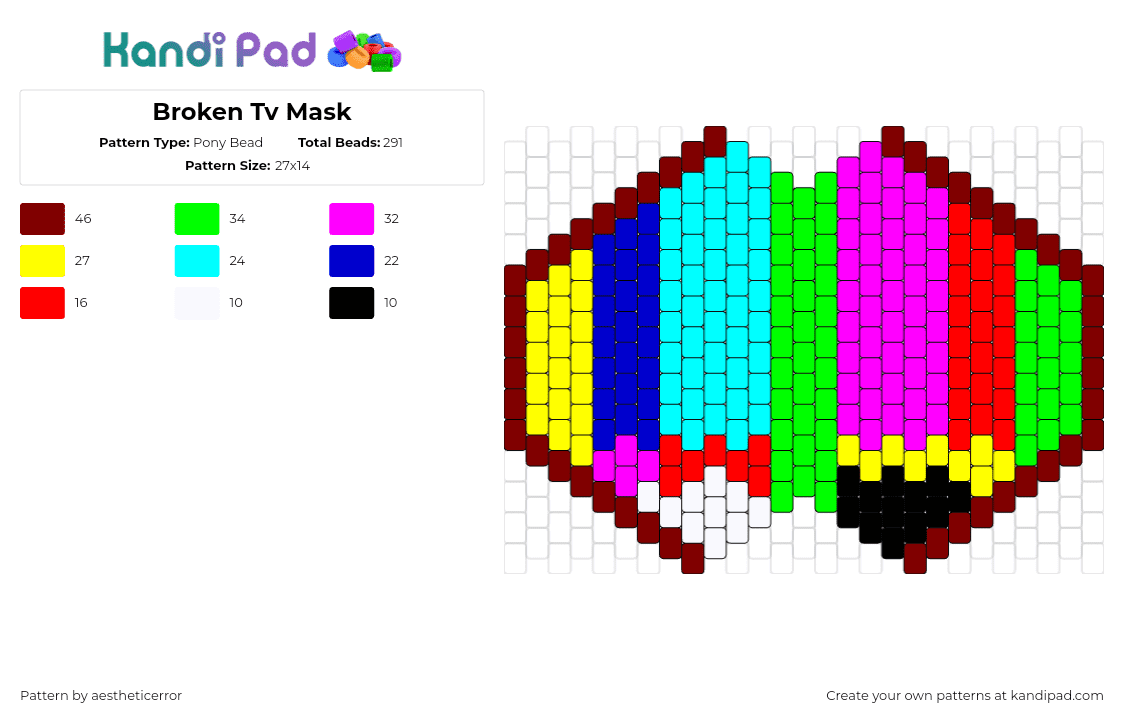 Broken Tv Mask - Pony Bead Pattern by aestheticerror on Kandi Pad - television,emergency broadcast system,colorful,broken,tv,mask,geometric,light blue,green,pink