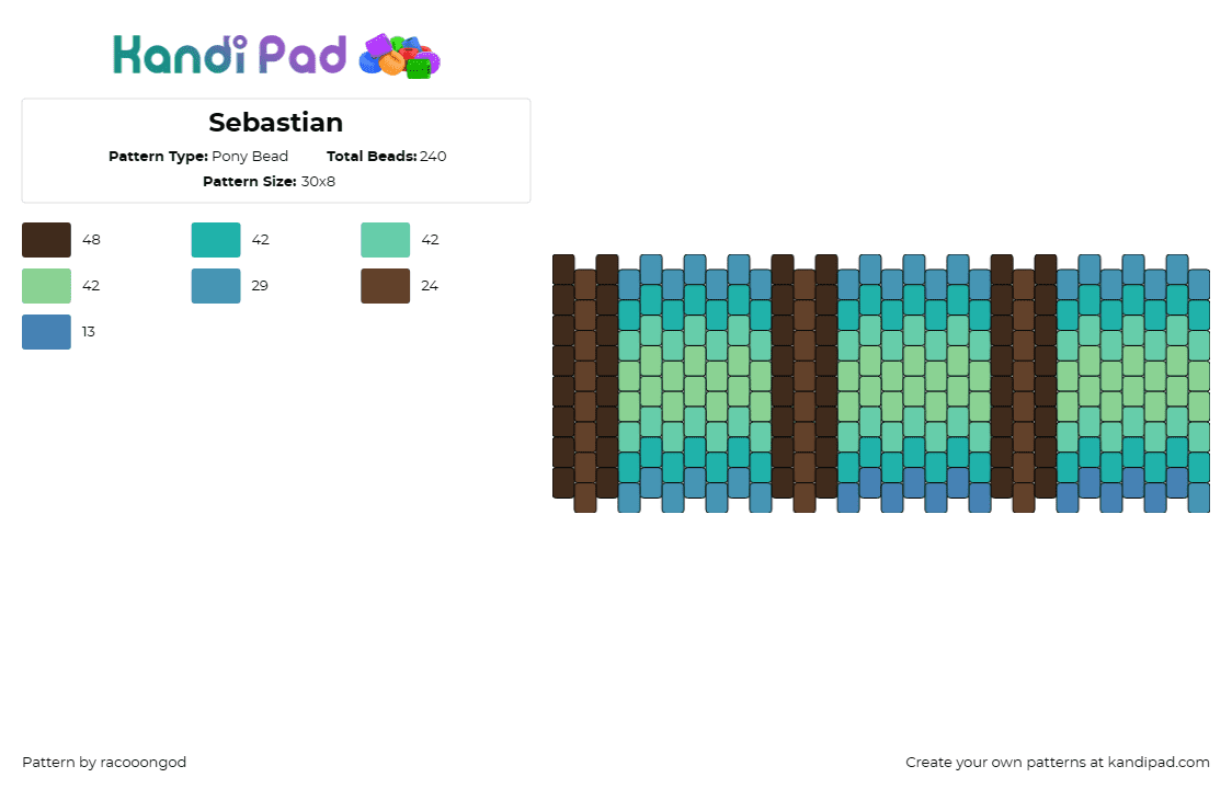 Sebastian - Pony Bead Pattern by racooongod on Kandi Pad - sebastian solace,pressure,cuff,video game,teal,brown