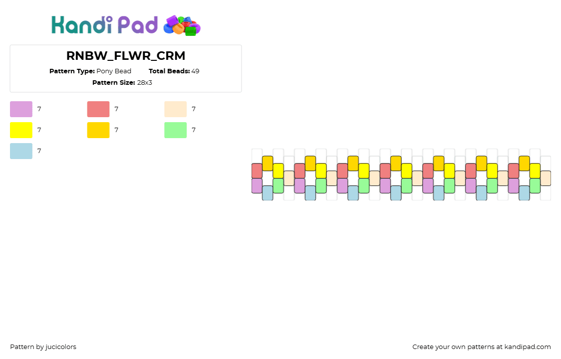 RNBW_FLWR_CRM - Pony Bead Pattern by jucicolors on Kandi Pad - flowers,chain,pastel,rainbow,bracelet,cuff,colorful