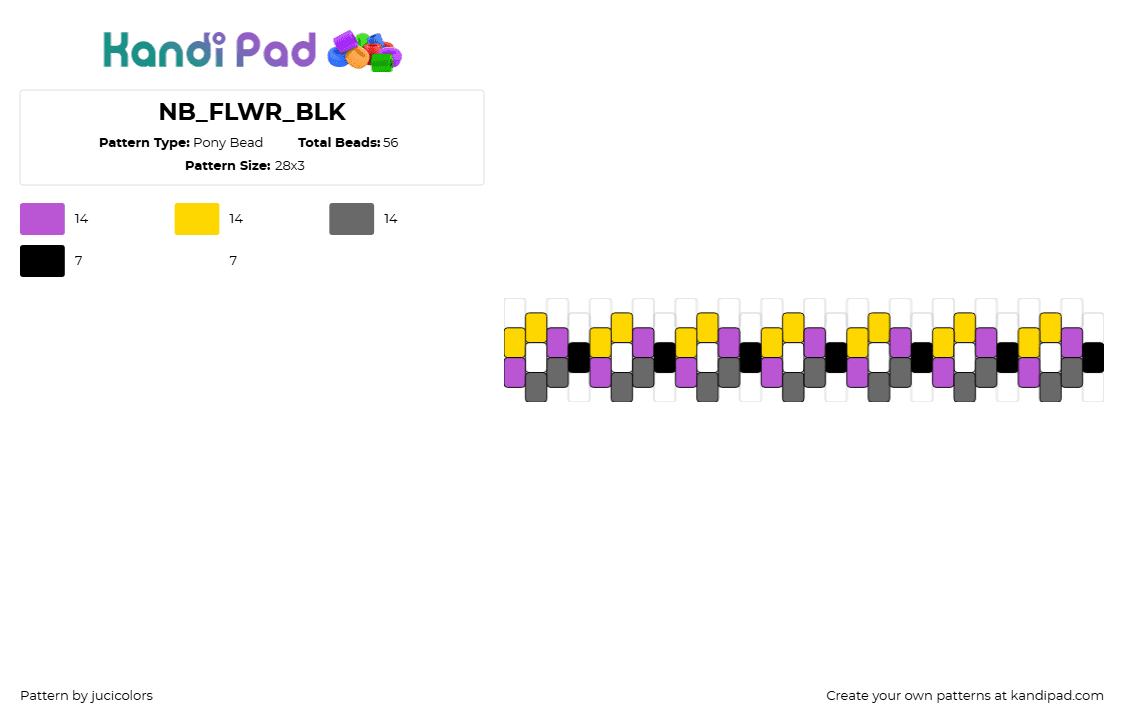 NB_FLWR_BLK - Pony Bead Pattern by jucicolors on Kandi Pad - nonbinary,flowers,pride,chain,bracelet,cuff,purple,yellow,gray