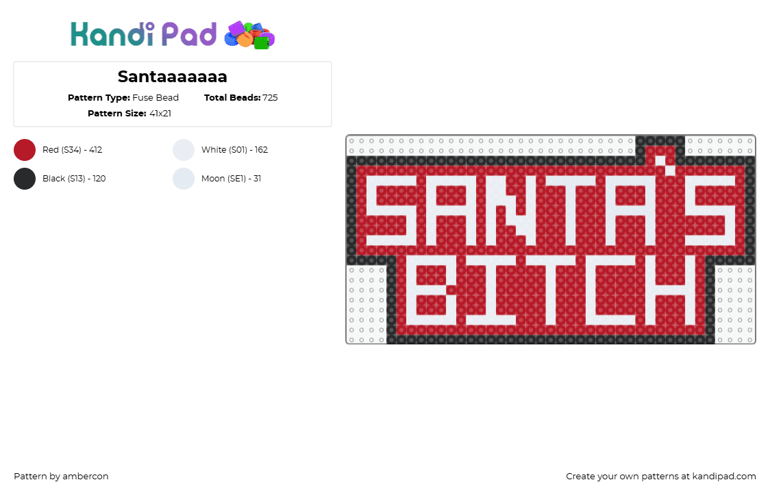 Santaaaaaaa - Fuse Bead Pattern by ambercon on Kandi Pad - santas bitch,sign,text,festive,christmas,nsfw,white,red