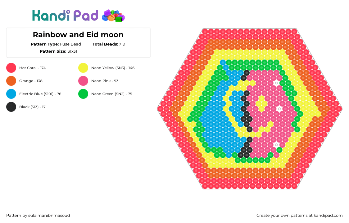 Rainbow and Eid moon - Fuse Bead Pattern by sulaimanibnmasoud on Kandi Pad - moon,hexagon,colorful,yellow,pink,blue,orange