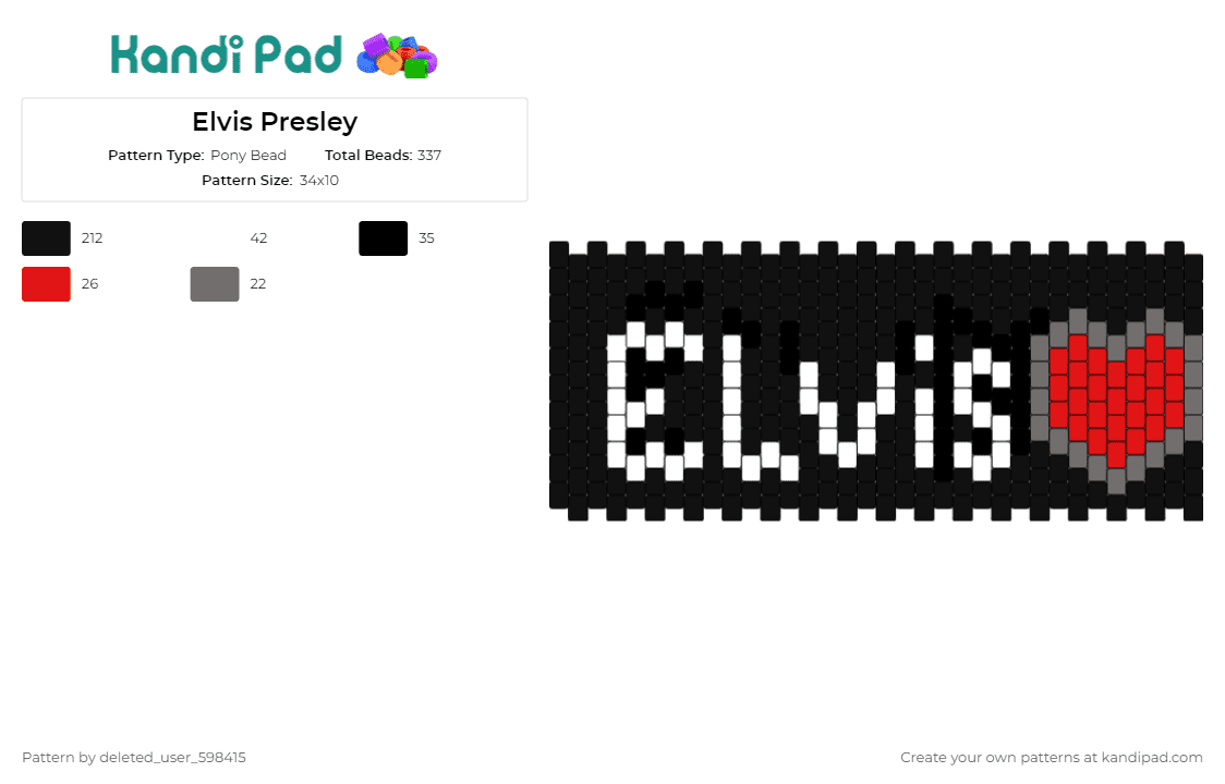 Elvis Presley - Pony Bead Pattern by deleted_user_598415 on Kandi Pad - elvis presley,music,heart,cuff,rock n roll,black,white