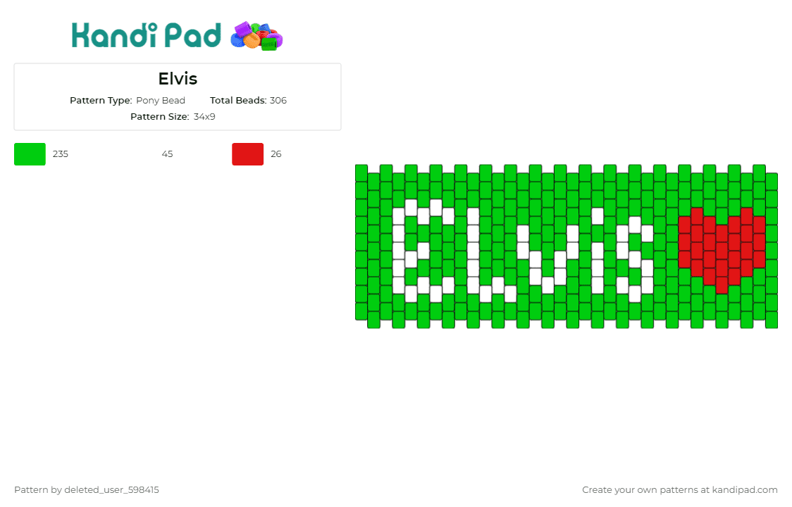 Elvis - Pony Bead Pattern by deleted_user_598415 on Kandi Pad - elvis presley,music,cuff,rock n roll,green,white