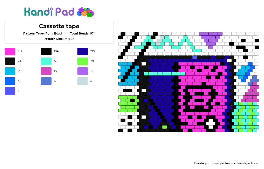 Cassette tape - Pony Bead Pattern by deleted_user_598415 on Kandi Pad - cassette,retro,music,colorful,nostalgia,vintage,audio,throwback,tape,pink,blue