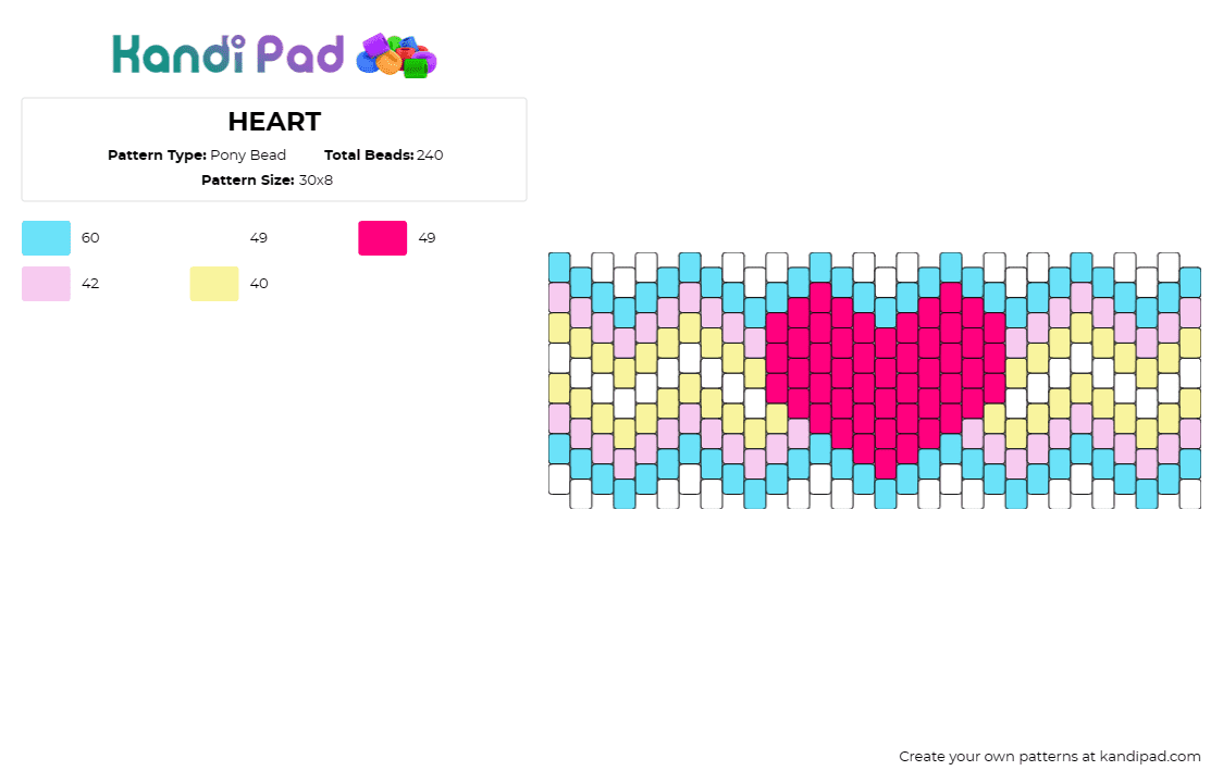 HEART - Pony Bead Pattern by deleted_user_598415 on Kandi Pad - heart,zig zag,pastel,geometric,cuff,sweet,stylish,love,affection,pink,colorful