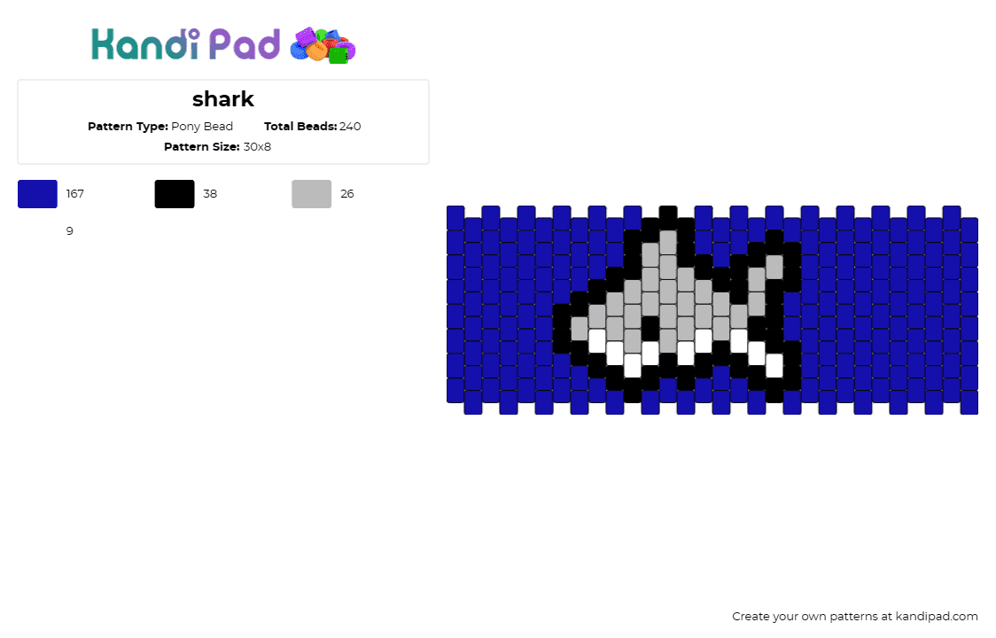 shark - Pony Bead Pattern by deleted_user_598415 on Kandi Pad - shark,ocean,animal,cuff,marine life,majestic,deep blue,sleek,fascinating,admirat