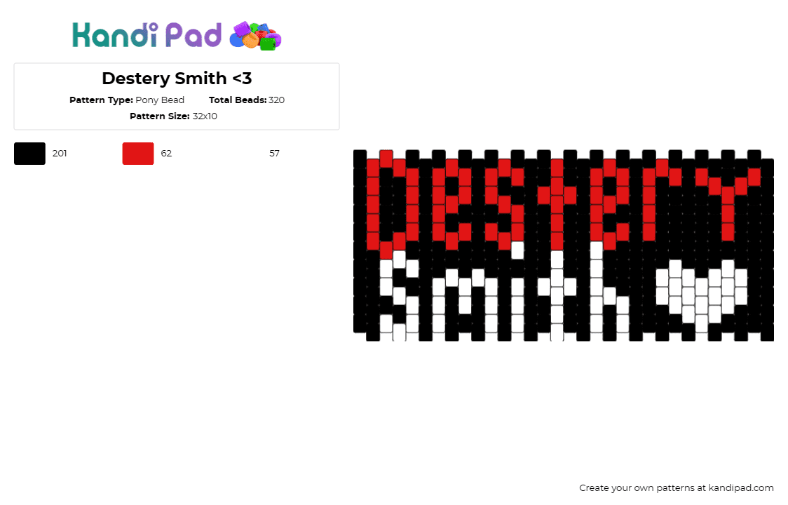 Destery Smith <3 - Pony Bead Pattern by deleted_user_598415 on Kandi Pad - destery smith,streamer,youtube,text,heart,cuff,black,red