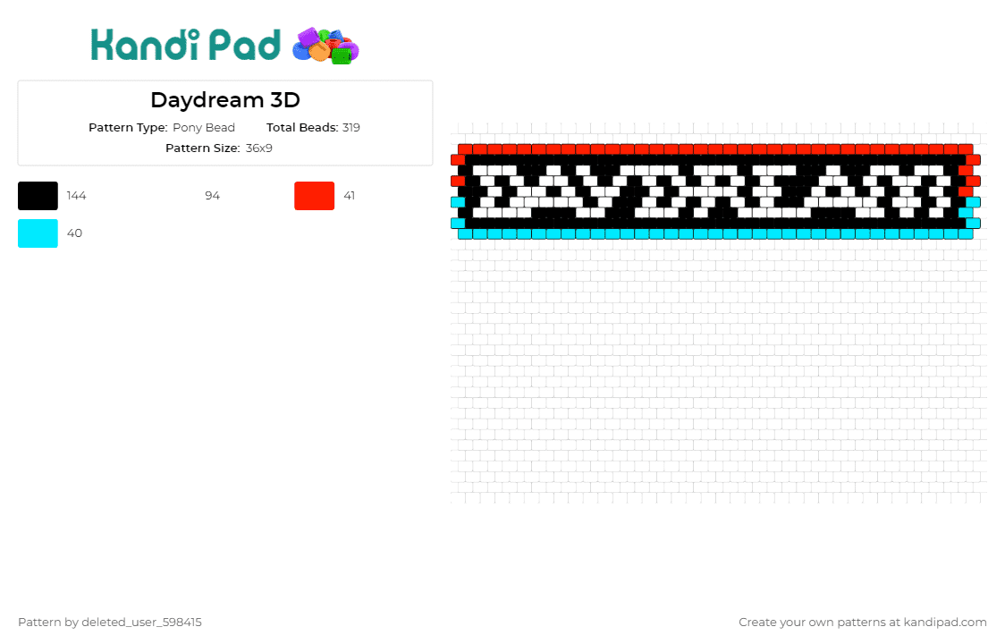 Daydream 3D - Pony Bead Pattern by deleted_user_598415 on Kandi Pad - 3d,text,cuff,whimsical,imaginative,bold,statement,daydream,creative,black,blue,red,white