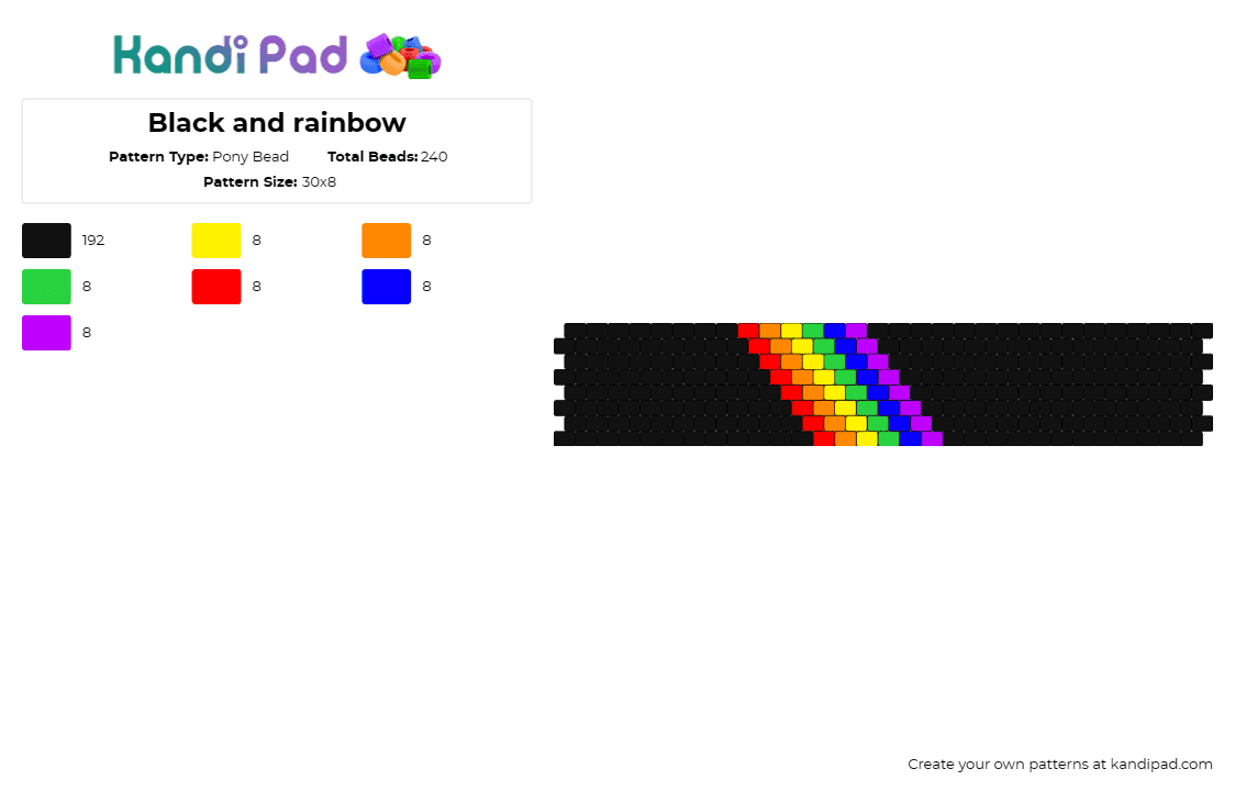 Black and rainbow - Pony Bead Pattern by deleted_user_598415 on Kandi Pad - rainbow,dark,cuff,vibrant,contrast,spectrum,joyful,statement,black