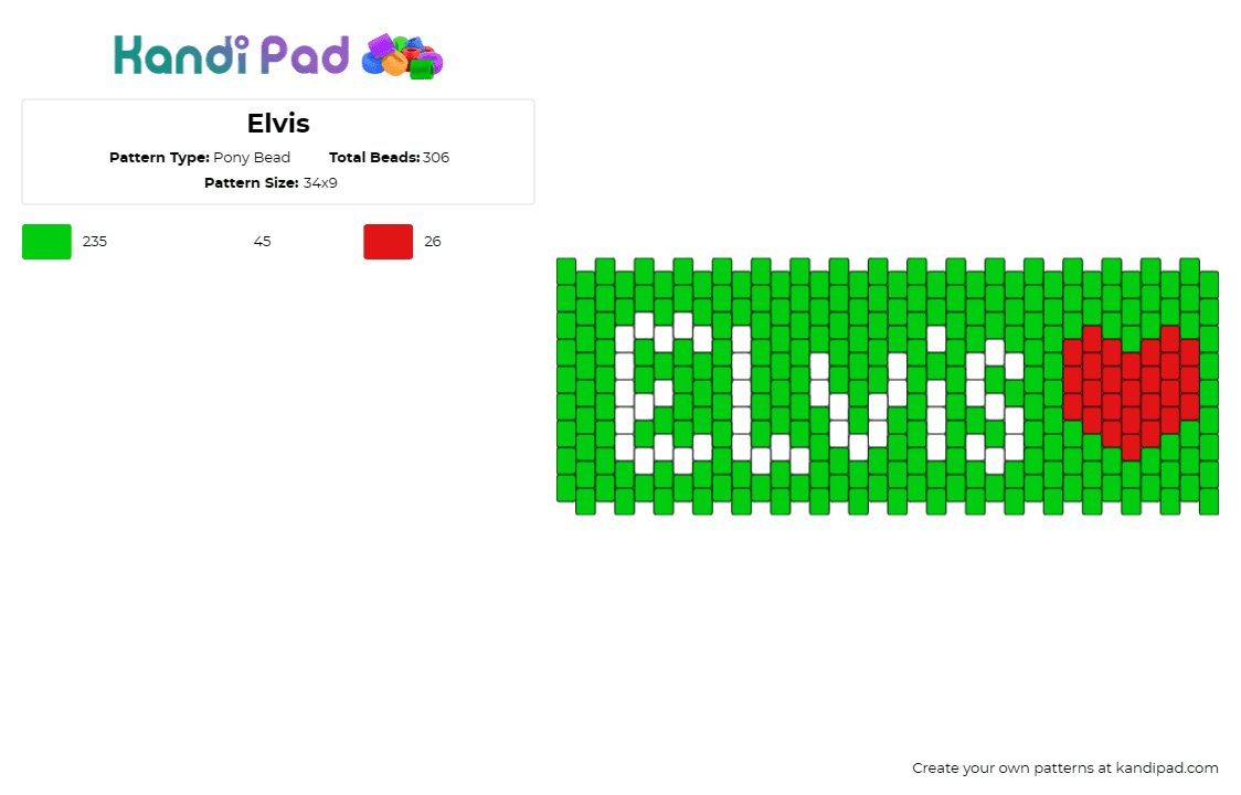 Elvis - Pony Bead Pattern by deleted_user_598415 on Kandi Pad - elvis presley,music,cuff,rock n roll,green,white