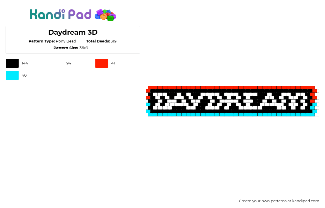 Daydream 3D - Pony Bead Pattern by deleted_user_598415 on Kandi Pad - 3d,text,cuff,whimsical,bold,statement,daydream,black,blue,red,white