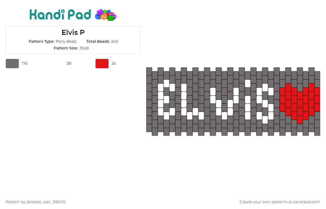 Elvis P - Pony Bead Pattern by deleted_user_598415 on Kandi Pad - elvis presley,heart,cuff,music,rock n roll,gray,white