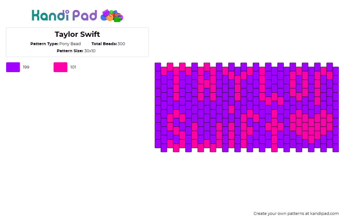 Taylor Swift - Pony Bead Pattern by deleted_user_598415 on Kandi Pad - taylor swift,musician,music,cuff,icon,style,colorful,swifties,purple,pink