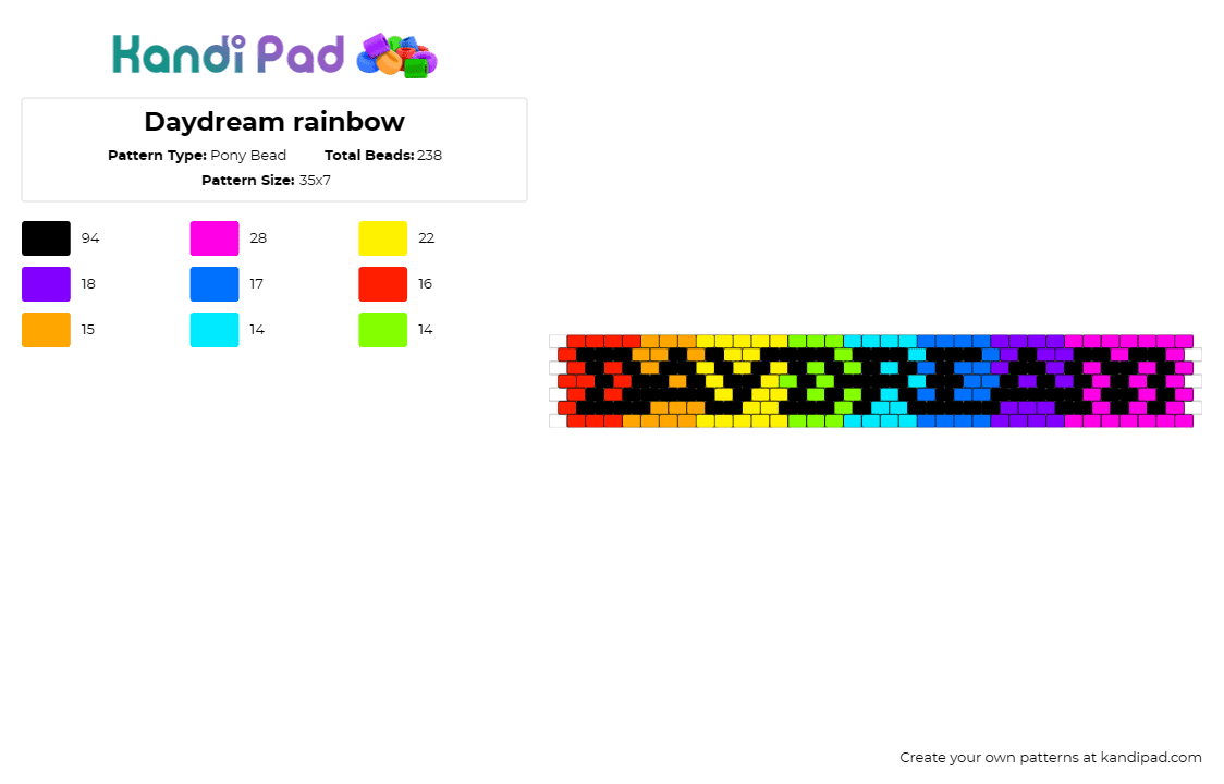 Daydream rainbow - Pony Bead Pattern by deleted_user_598415 on Kandi Pad - text,rainbow,cuff,vibrant,imagination,colorful,spectrum,daydream