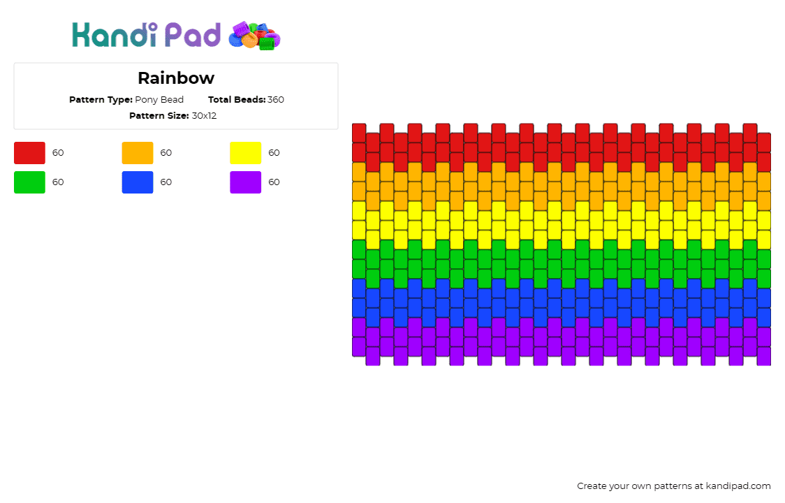 Rainbow - Pony Bead Pattern by deleted_user_598415 on Kandi Pad - rainbow,stripes,cuff,diversity,inclusion,colorful,joyful,pride,expression