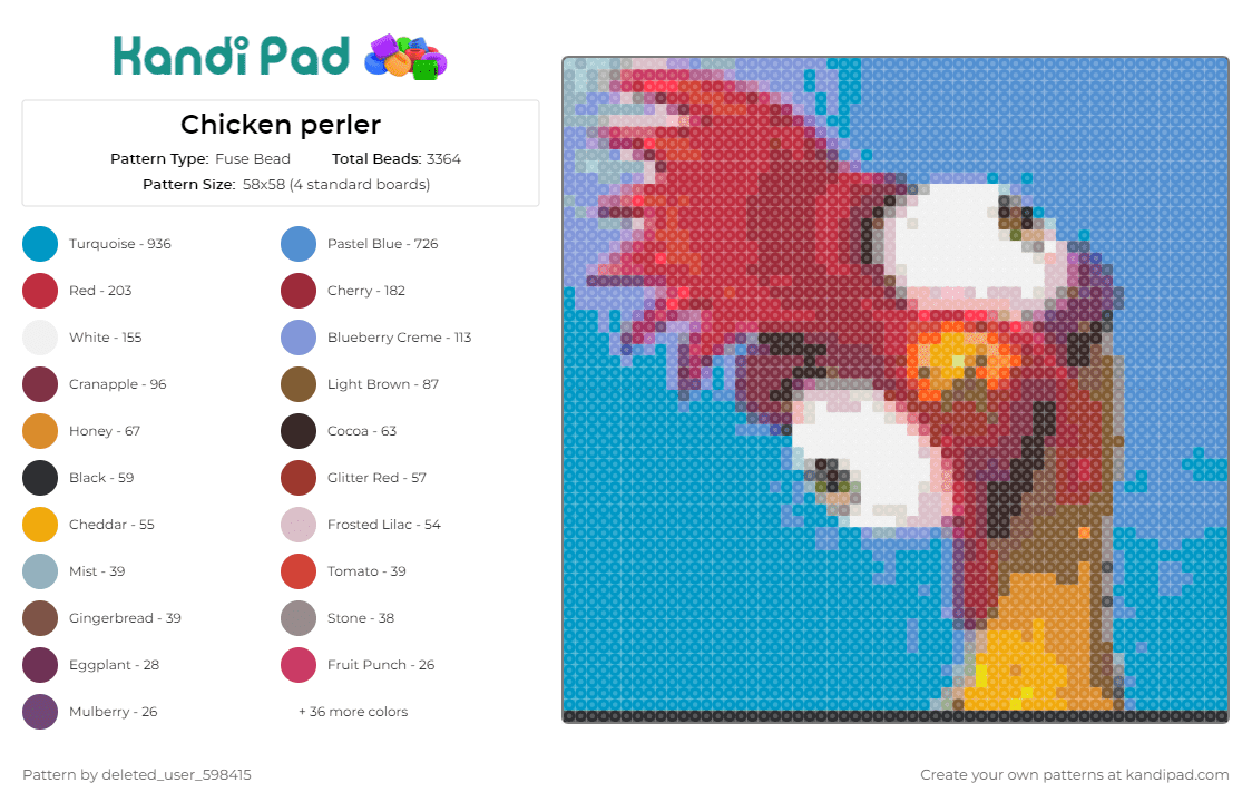 Chicken perler - Fuse Bead Pattern by deleted_user_598415 on Kandi Pad - chicken,moana,rooster,goofy,movie,disney,animated,cartoon,feathered,comedy,blue,red