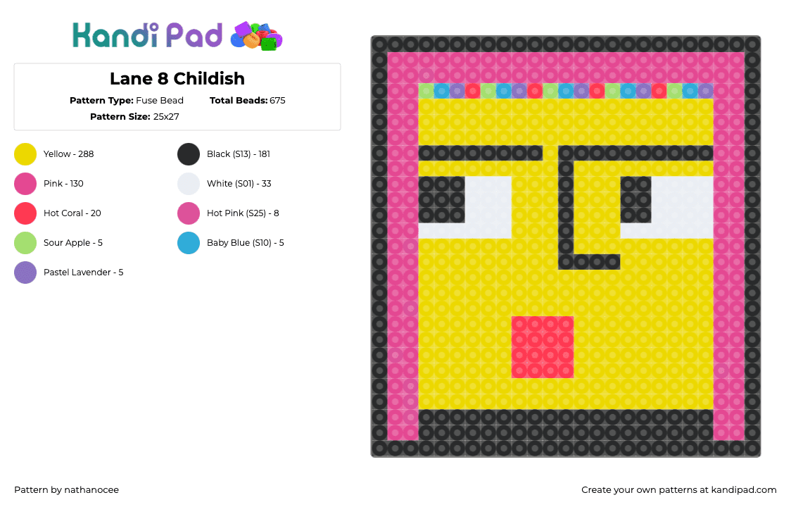 Lane 8 Childish - Fuse Bead Pattern by nathanocee on Kandi Pad - pink,yellow,edm,dj,lane 8,anjuna,music