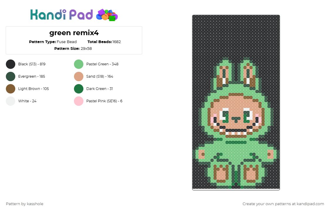 green remix4 - Fuse Bead Pattern by kasshole on Kandi Pad - labubu,black,gray,beige,teal