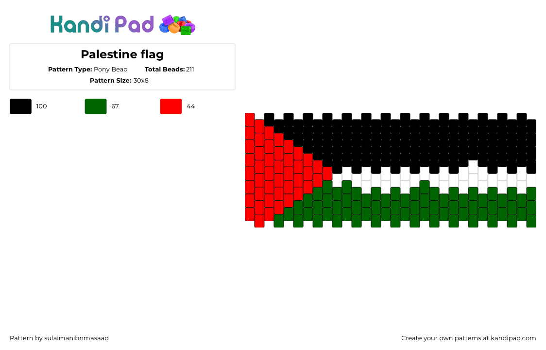 Palestine flag - Pony Bead Pattern by sulaimanibnmasaad on Kandi Pad - palestine,flag,country,support,cuff,red,green,black