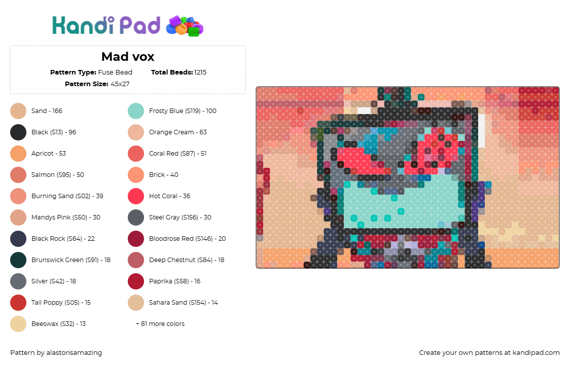 Mad vox - Fuse Bead Pattern by alastorisamazing on Kandi Pad - vox,hazbin hotel,animation,tv show,teal,orange,red