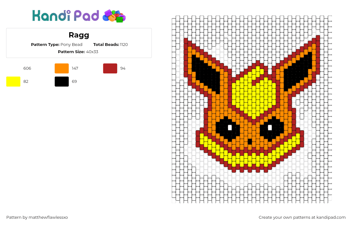 Ragg - Pony Bead Pattern by matthewflawlessxo on Kandi Pad - flareon,pokemon,character,gaming,evolution,eevee,head,orange,yellow