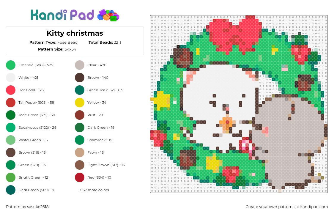 Kitty christmas - Fuse Bead Pattern by sasuke2618 on Kandi Pad - wreath,kitty,christmas,holiday,cute,bow,green,red,white,gray