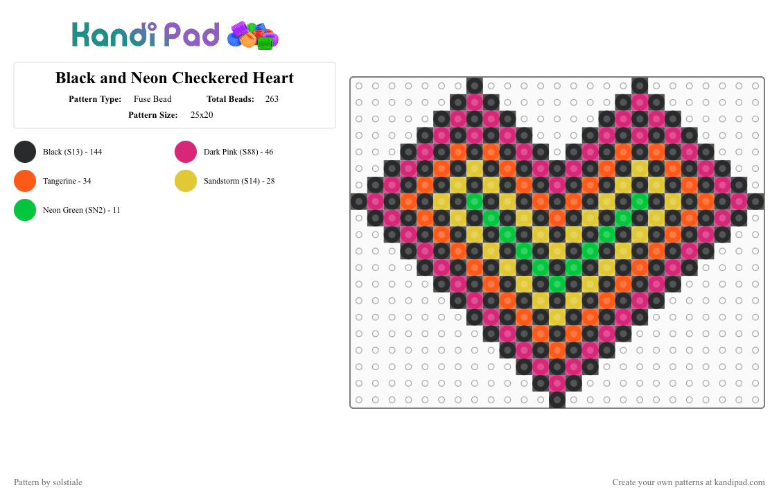 Black and Neon Checkered Heart - Fuse Bead Pattern by solstiale on Kandi Pad - black, checkerboard, orange, pink, scenecore, yellow