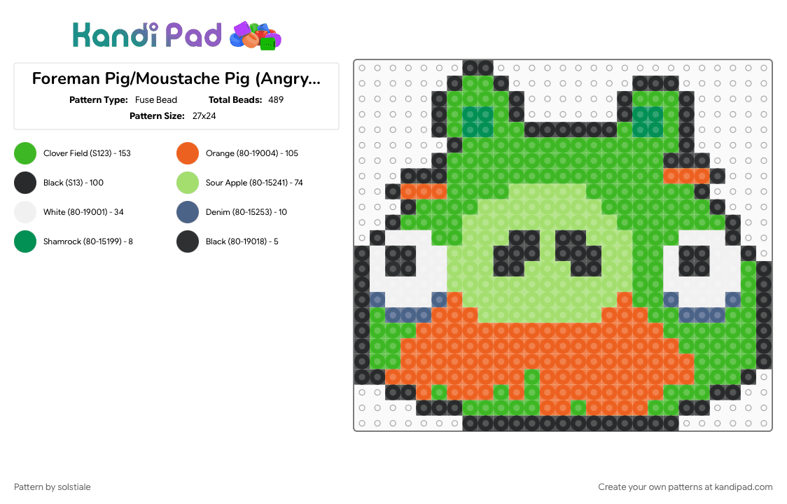 Foreman Pig/Moustache Pig (Angry Birds) - Fuse Bead Pattern by solstiale on Kandi Pad - green, mustache pig