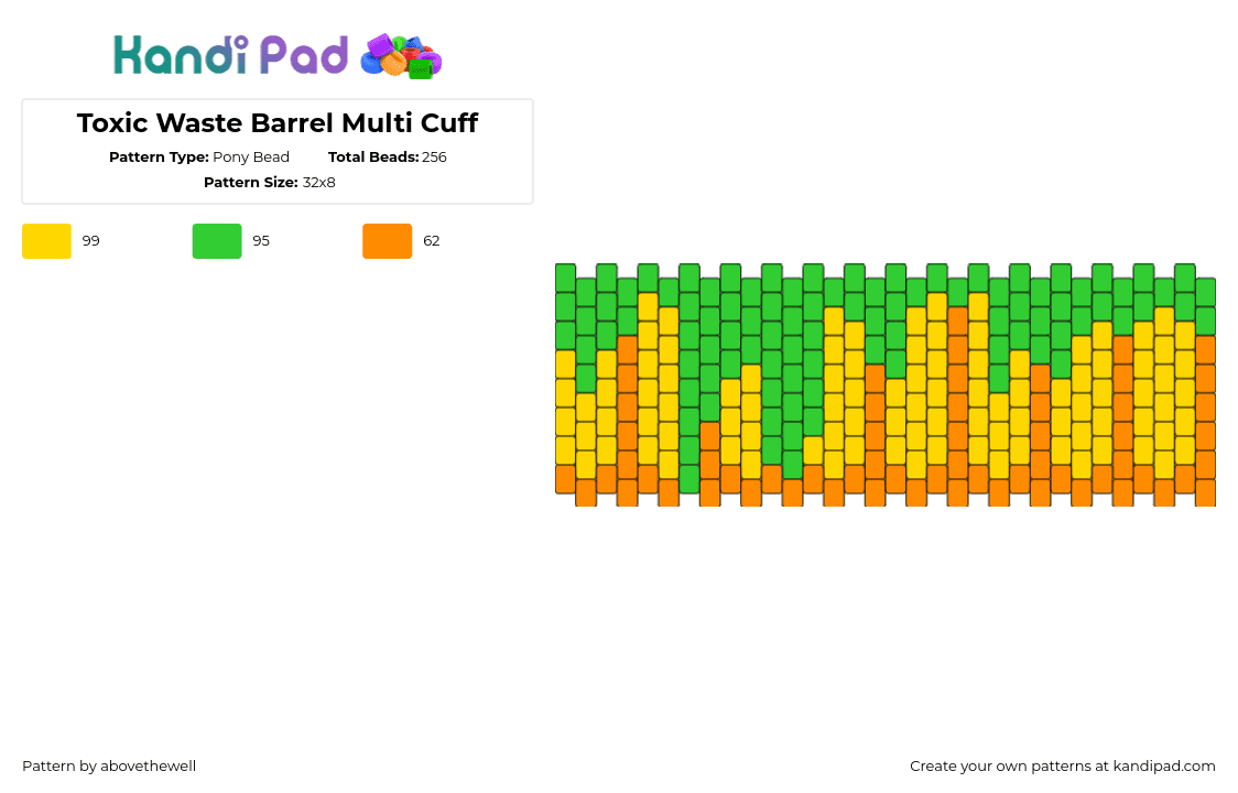 Toxic Waste Barrel Multi Cuff - Pony Bead Pattern by abovethewell on Kandi Pad - toxic,poison,slime,barrel,drippy,cuff,orange,yellow,green