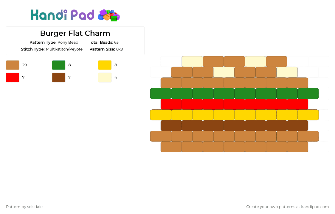 Burger Flat Charm - Pony Bead Pattern by solstiale on Kandi Pad - orange,cheeseburger
