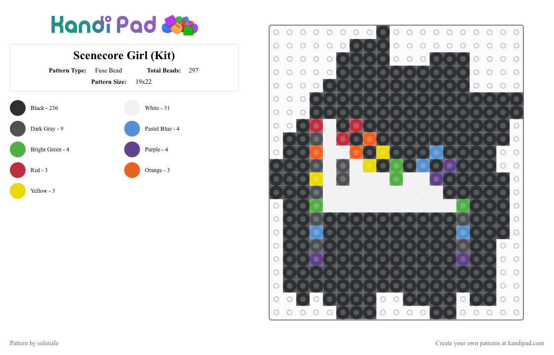 Scenecore Girl (Kit) - Fuse Bead Pattern by solstiale on Kandi Pad - black,white,gray,green,colorful,scene,scenecore