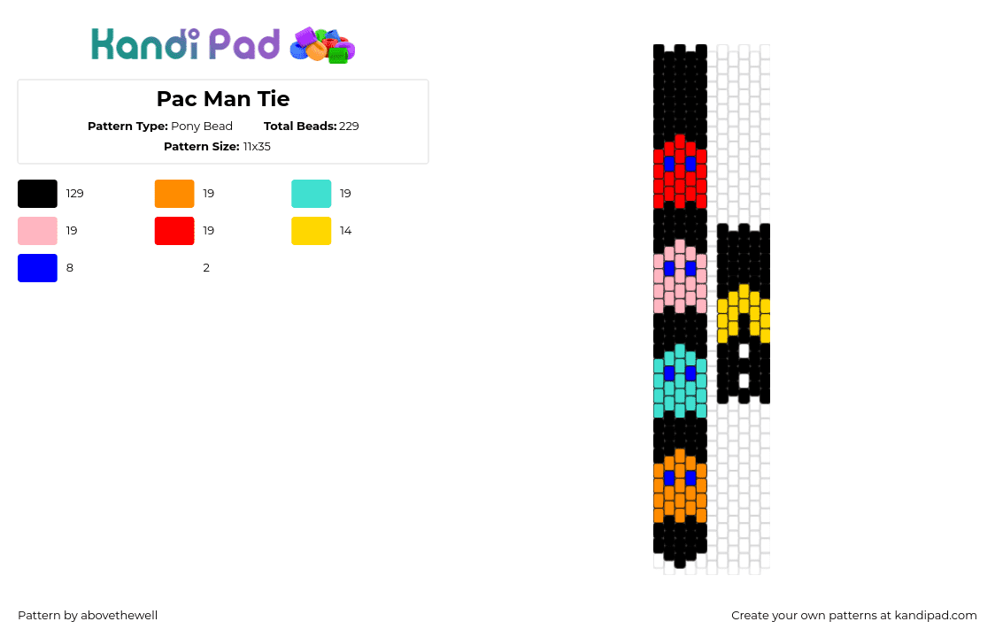 Pac Man Tie - Pony Bead Pattern by abovethewell on Kandi Pad - pacman,ghosts,necktie,tie,clothing,arcade,retro,colorful,black,red,pink,teal,orange