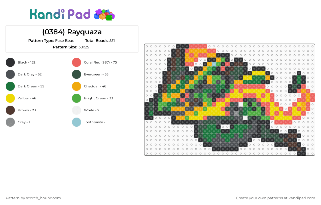 (0384) mega Rayquaza - Fuse Bead Pattern by scorch_houndoom on Kandi Pad - gray,red,green,rayquaza,pokemon,pokmon sprite,sprite