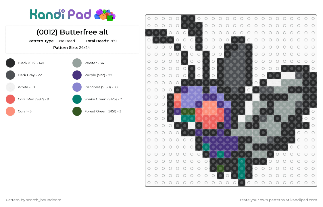 (0012) Butterfree alt - Fuse Bead Pattern by scorch_houndoom on Kandi Pad - black,gray,purple,butterfree,pokemon,pokmon sprite,sprite