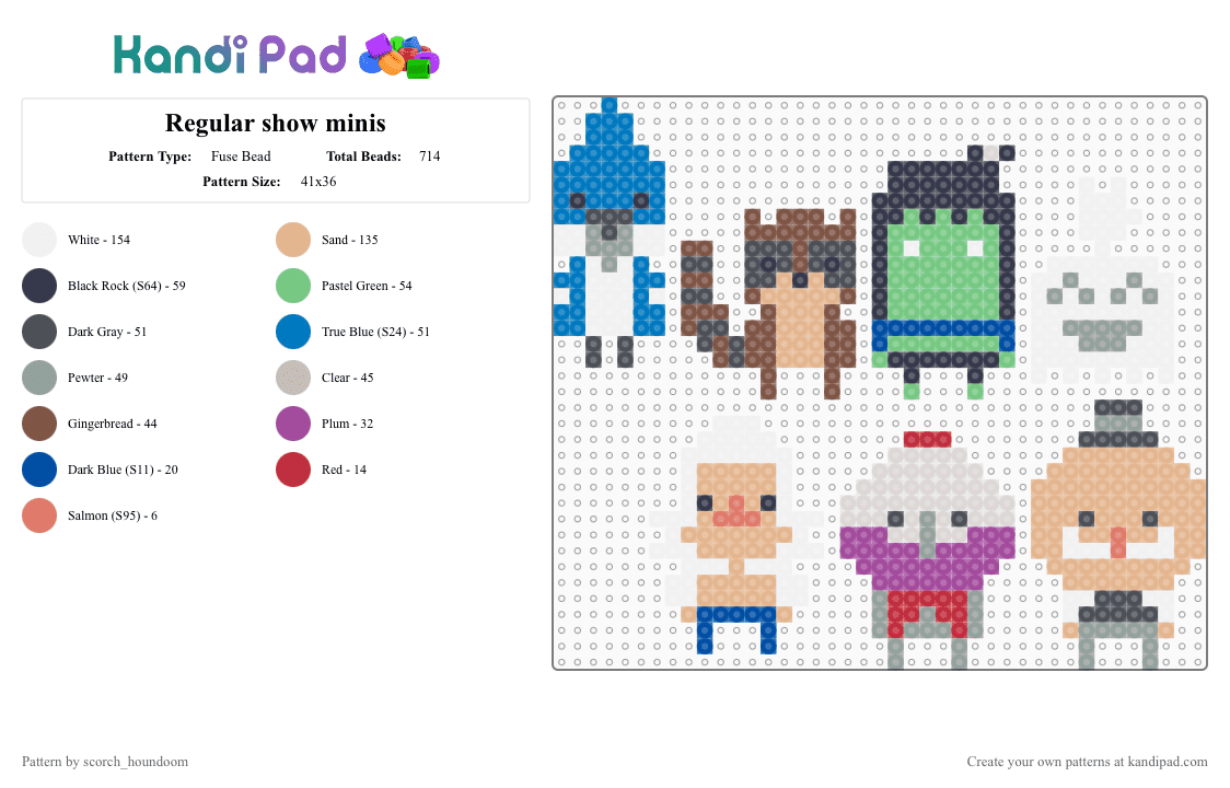 Regular show minis - Fuse Bead Pattern by scorch_houndoom on Kandi Pad - gray,beige,purple,colorful,regular show,mordecai,rigby,skips,pops,muscle man,high five ghost,benson