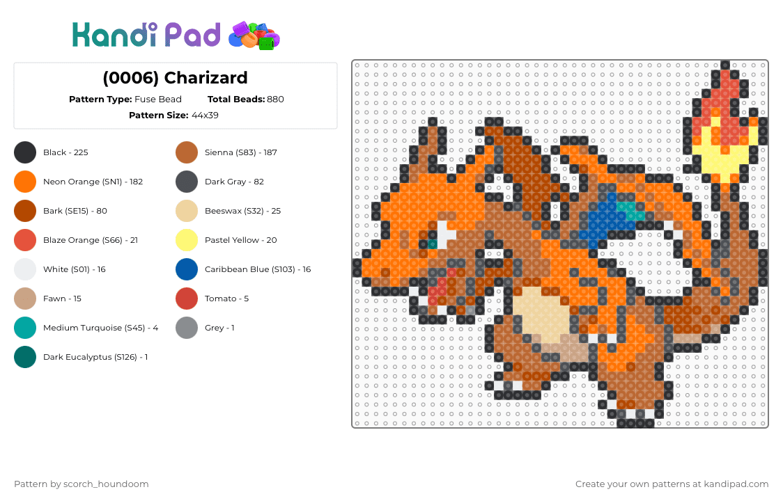 (0006) Charizard - Fuse Bead Pattern by scorch_houndoom on Kandi Pad - gray,tan,red,orange