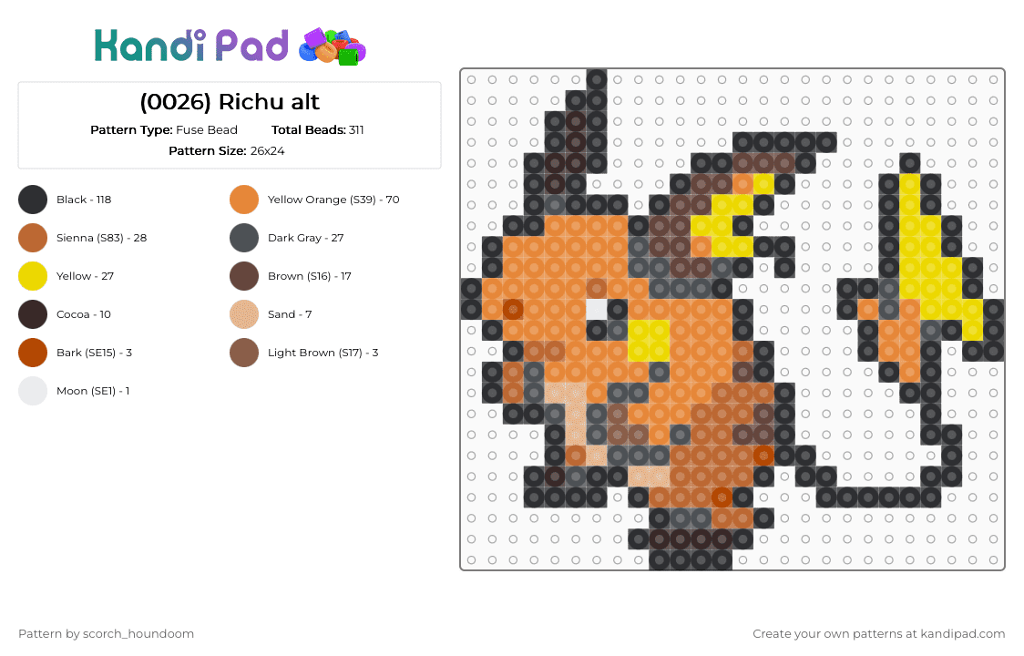 (0026) Raichu alt - Fuse Bead Pattern by scorch_houndoom on Kandi Pad - orange,yellow,brown,colorful,richu,pokmon,sprite,pokmon sprite