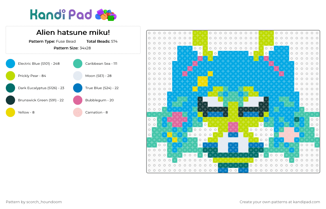 Alien hatsune miku! - Fuse Bead Pattern by scorch_houndoom on Kandi Pad - green,teal,light blue,miku,hatsune,hatsunemiku,alien