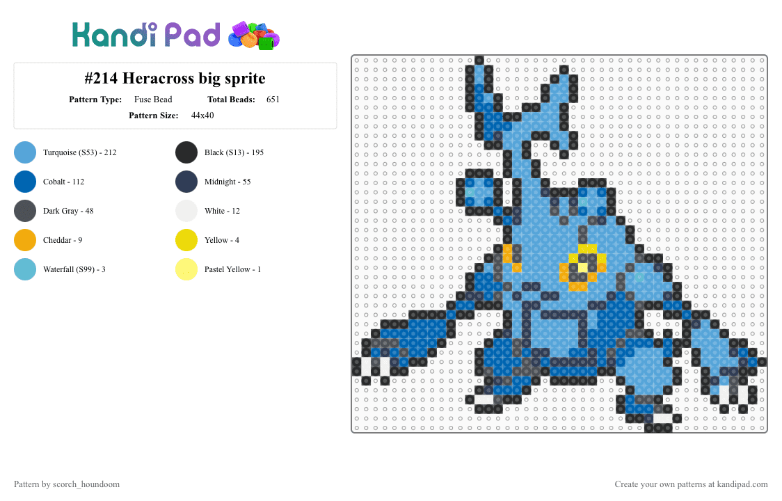#214 Heracross big sprite - Fuse Bead Pattern by scorch_houndoom on Kandi Pad - blue, heracross, light blue, pokmon, pokmon sprite, sprite