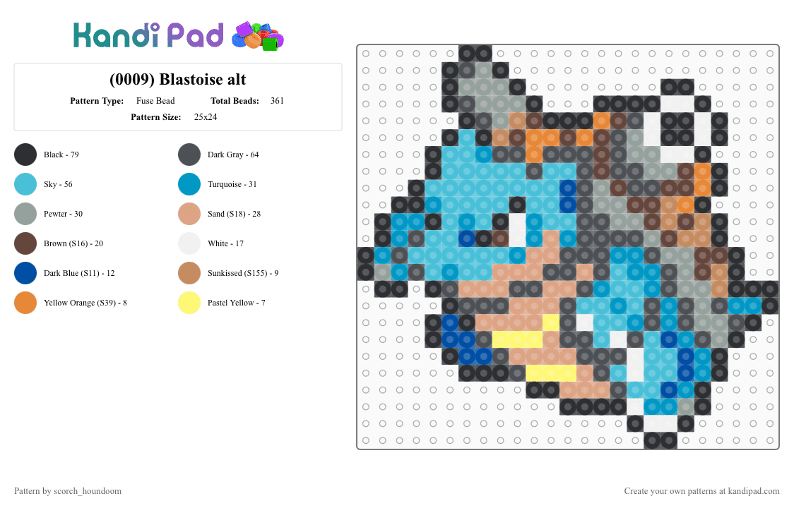 (0009) Blastoise alt - Fuse Bead Pattern by scorch_houndoom on Kandi Pad - blastoise, gray, light blue, pokemon, pokmon sprite, sprite