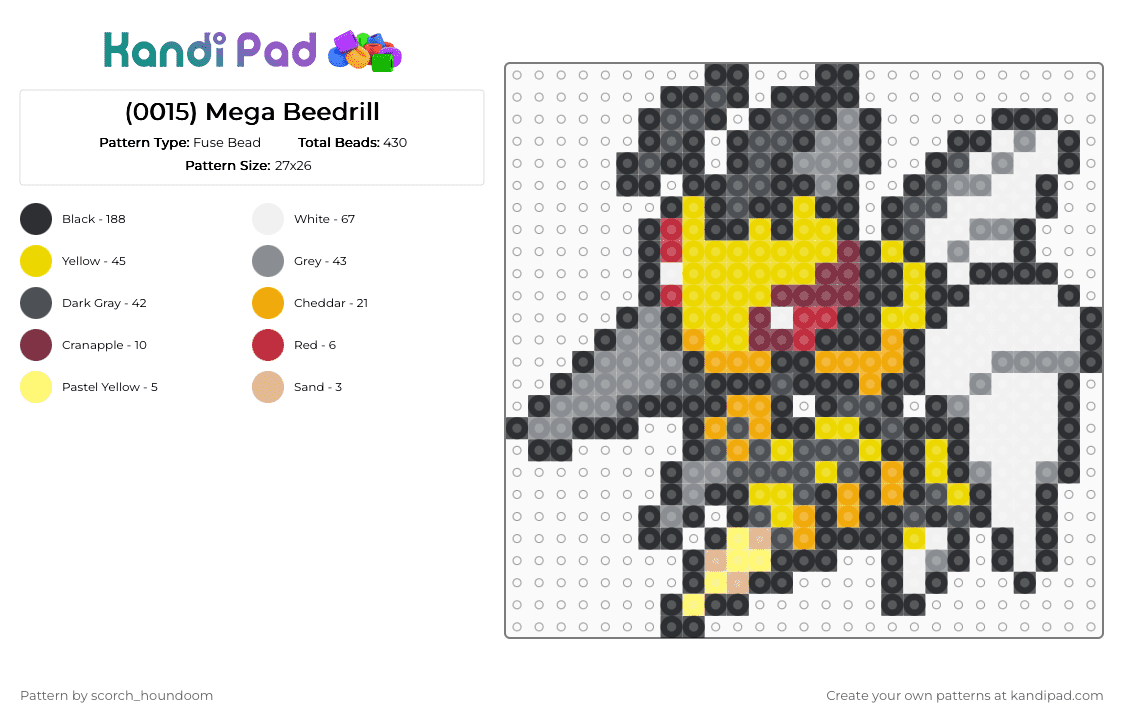 (0015) Mega Beedrill - Fuse Bead Pattern by scorch_houndoom on Kandi Pad - beedrill, black, gray, mega, pokemon, yellow