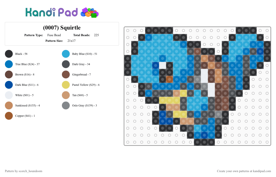 (0007) Squirtle - Fuse Bead Pattern by scorch_houndoom on Kandi Pad - light blue,gray,blue,squirtle,pokemon
