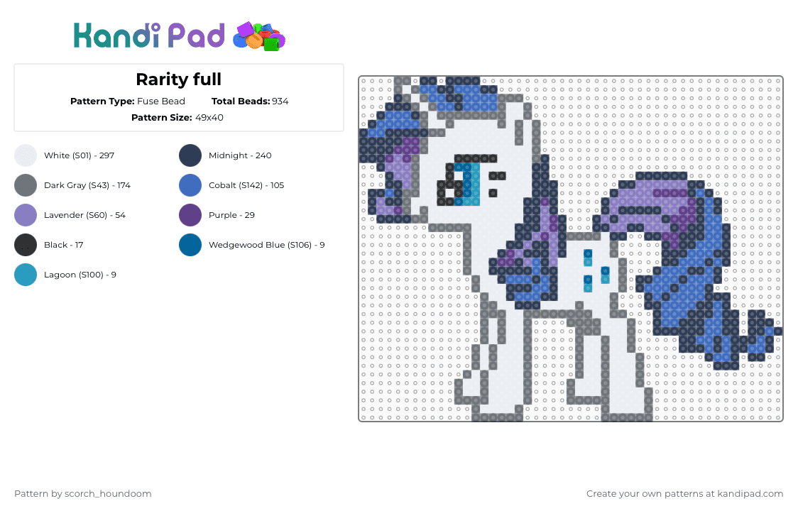 Rarity full - Fuse Bead Pattern by scorch_houndoom on Kandi Pad - purple,gray,rarity,mlp,my little pony